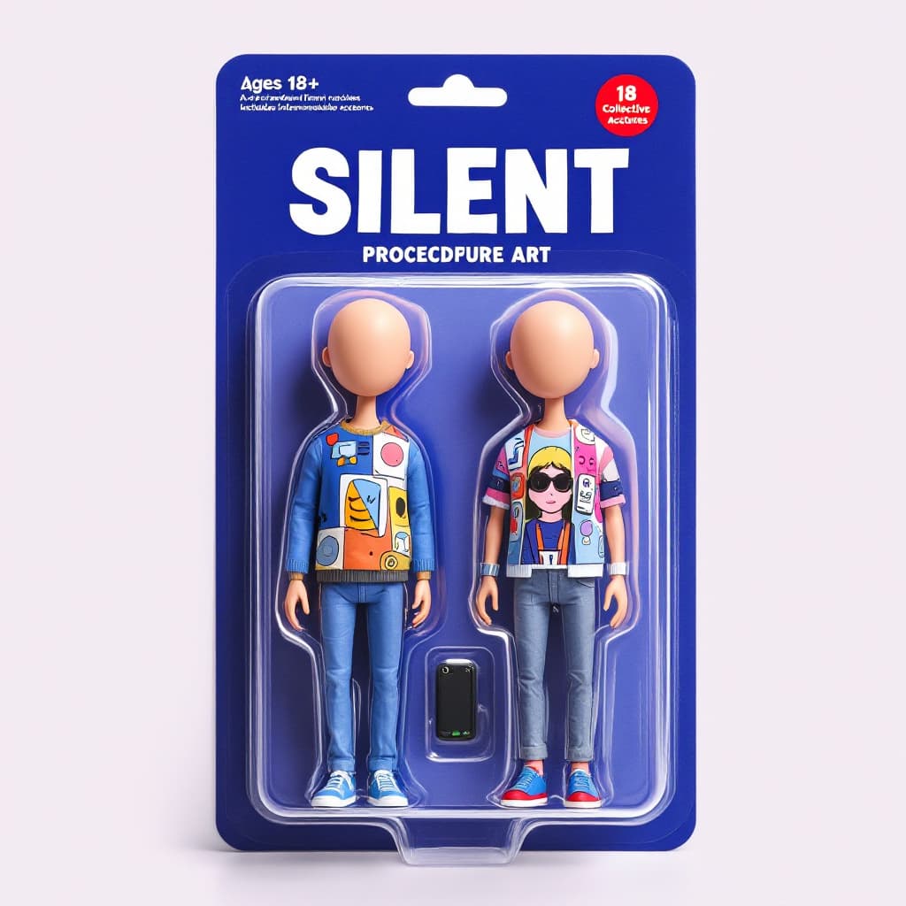AI generated: A stylized collectible action figure in a toy package labeled "Silent" for ages 18+. They are wearin...