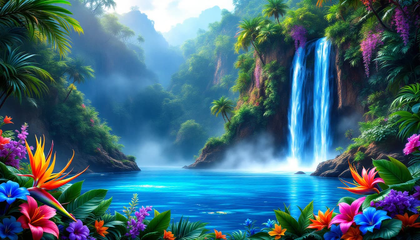 AI generated:  Digital artwork depicting a breathtaking blue lagoon with a vibrant and colorful style in a mystic ...