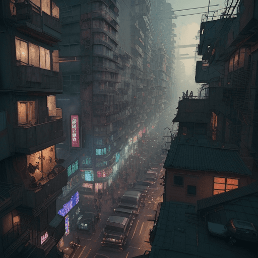 AI generated: ((best quality, masterpiece, RAW photo, digital drawing, cyberpunk style )), high angle shot from ab...