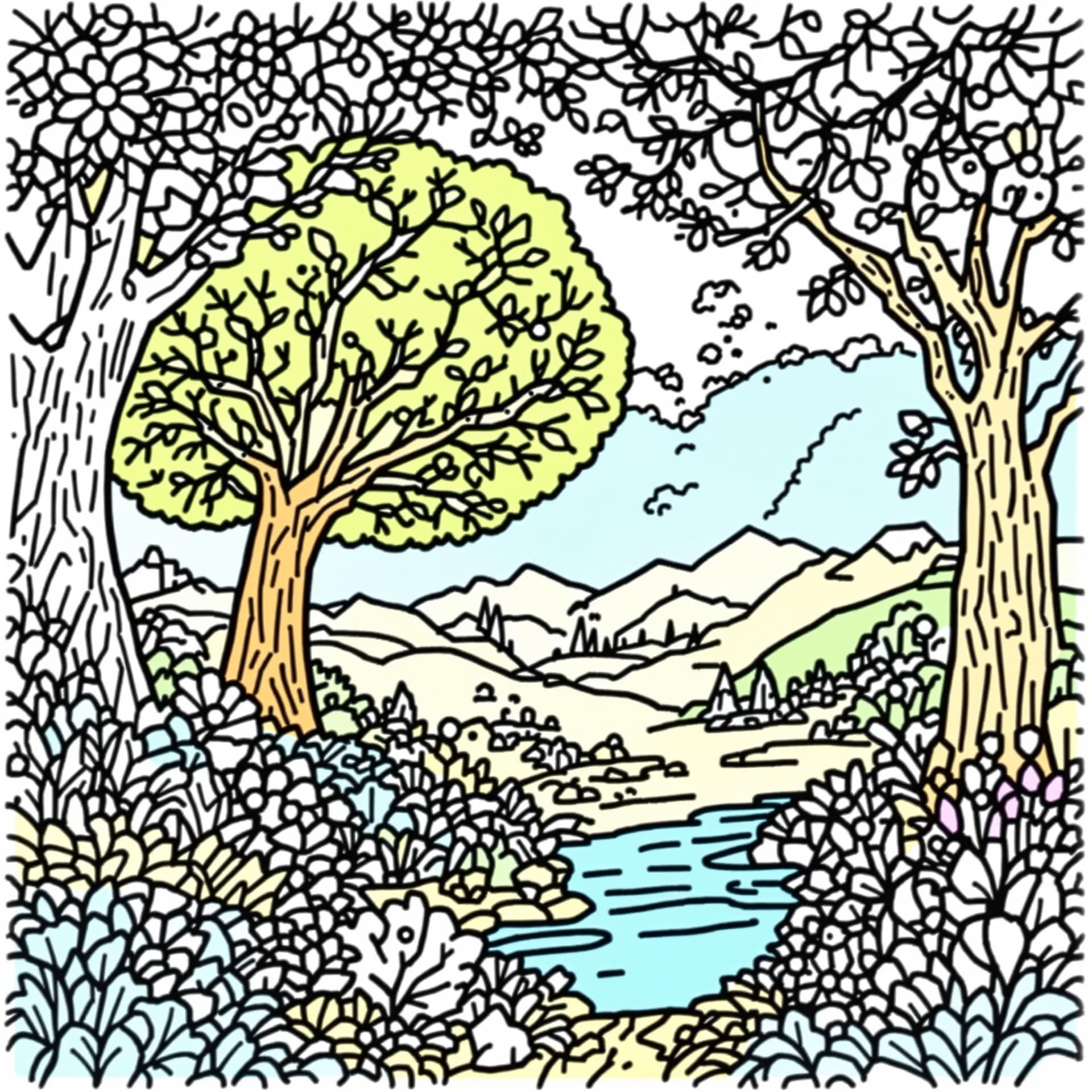AI generated: I would like to create a (Flowers, Trees, Landscapes
) themed jumbo coloring book for kids with simp...