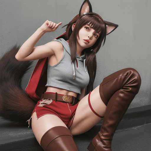 AI generated: liliruca arde, sleeveless hoodie, red shorts, belt, torn thighhighs, brown boots, animal ears, tail,...