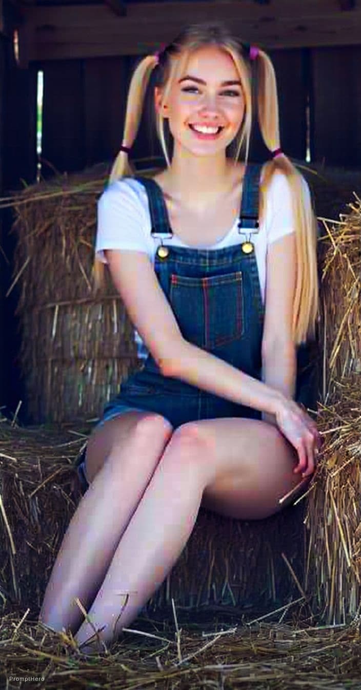 AI generated: A photograph captures a carefree moment. A woman sits inside a rustic barn, surrounded by bales of h...