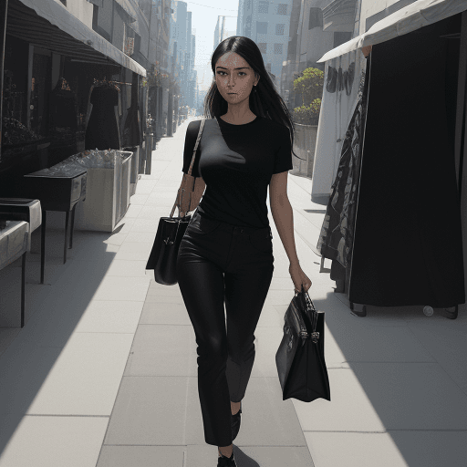 AI generated: The image features a  woman wearing a red shirt and blue pants, walking down a street while carrying...