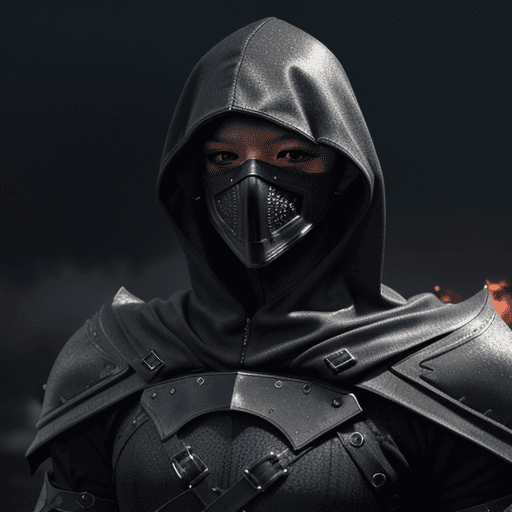 AI generated: masked man, dark torn hood, dark rainy foggy night, intricate dark and chrome battle damaged armor, ...