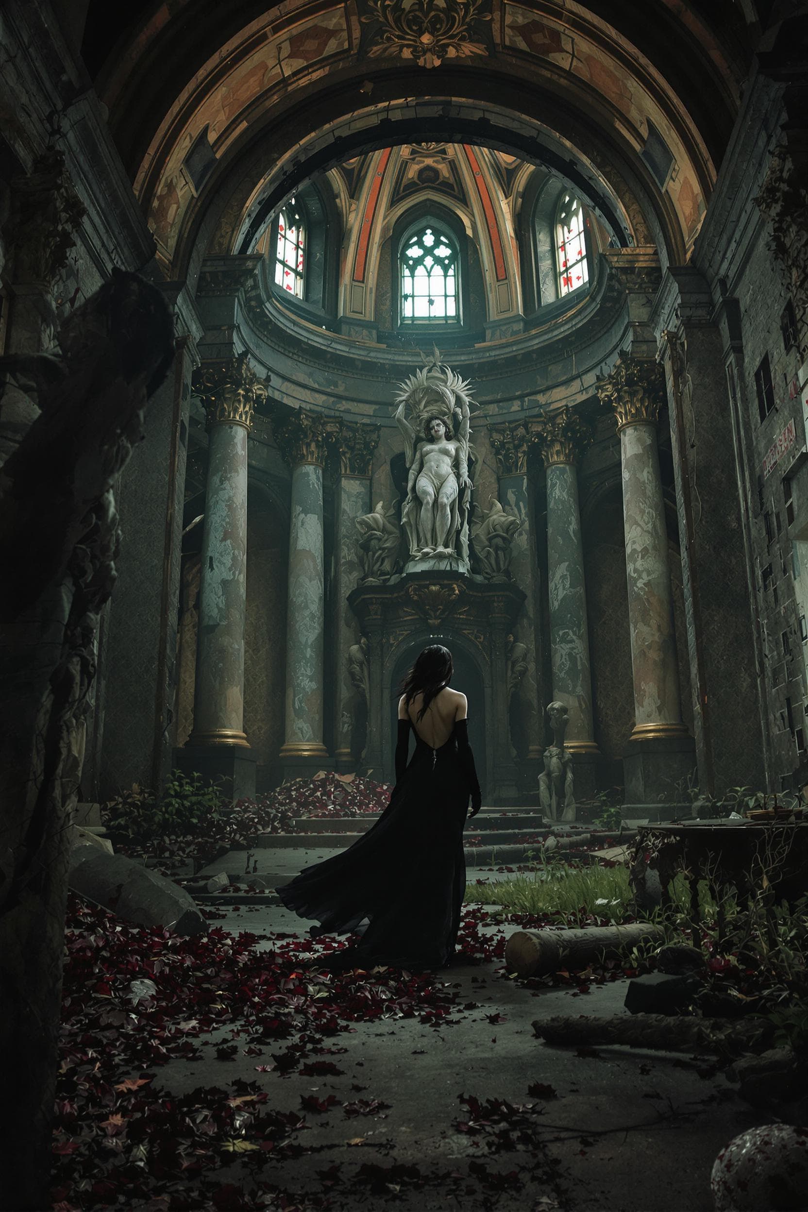 AI generated: in the style of Bastien Lecouffe-Deharme a female vampire in an abandoned sanctuary, dynamic scene, ...