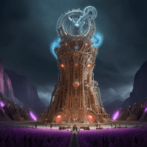 AI generated: Giant fantasy machinery made of orchestra instruments, intricate metalwork, high fantasy, vibrant co...