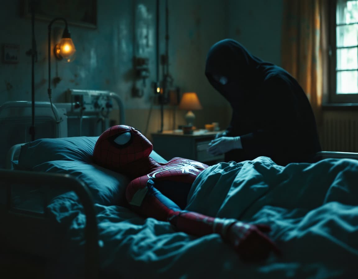 AI generated: spiderman sick, lie on a bed of an old hospital with a priest, warm low lighting high contrast, mixe...