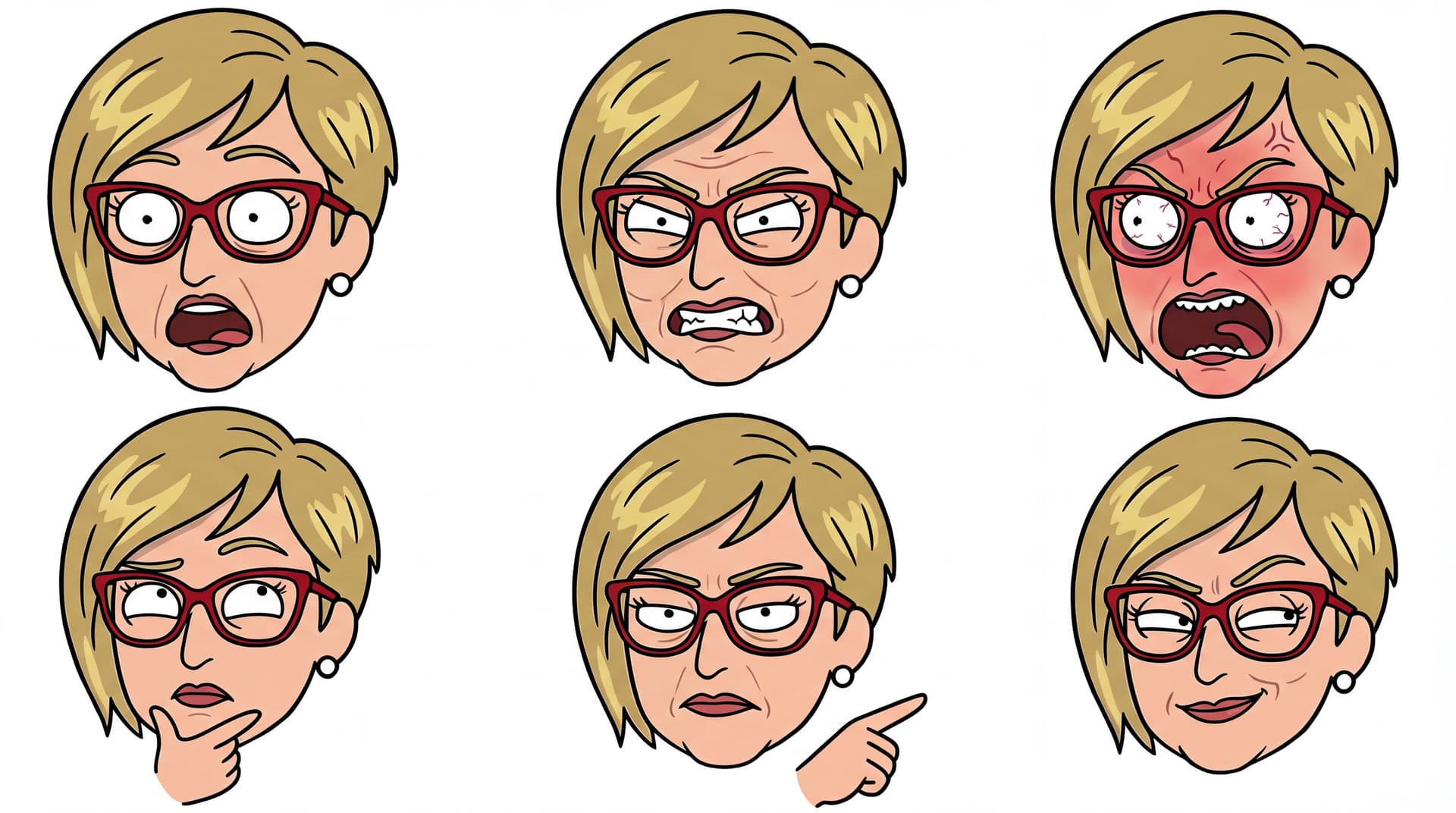AI generated: create a different facial expressions. Character sheet. Surprised shocking expression, angry with te...