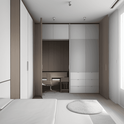 AI generated: The square bedroom, measuring 3 meters on each side, features a contemporary layout with a prominent...
