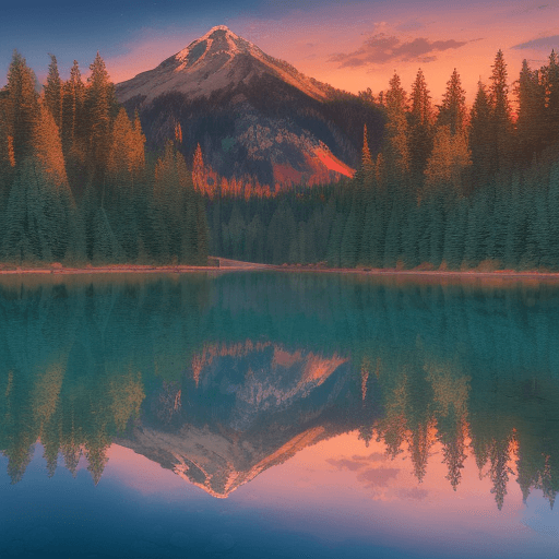 AI generated: A serene mountain lake nestled between towering pine trees, reflecting the vibrant colors of a sunse...