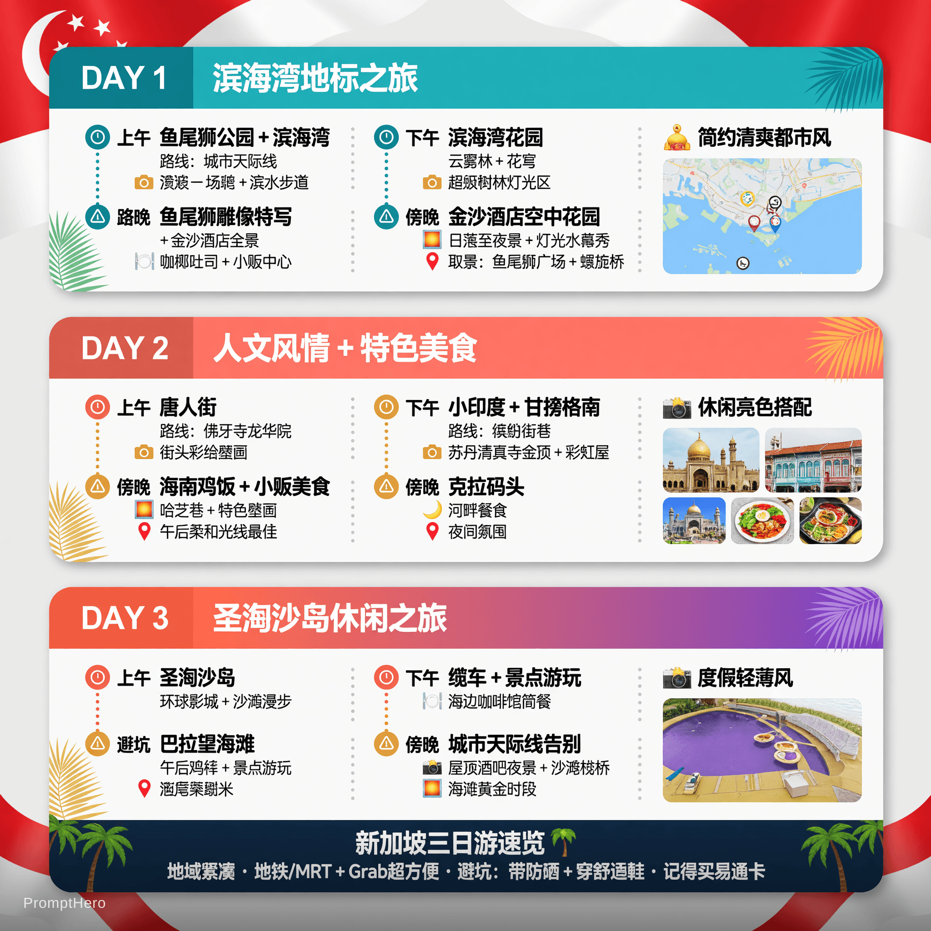 AI generated: 我计划开启一场为期三天的新加坡观光之旅。能否将以下内容整理成三张简洁、适合做成信息图的卡片？ ✅ 新加坡三日游信息图卡片 详细行程安排 | 打卡点位 / 拍照推荐 | 避坑小贴士 第一天 滨海湾及地标...