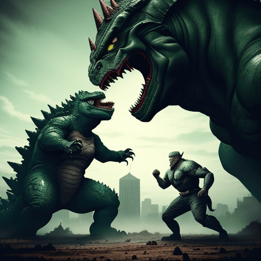 AI generated: deviljho vs godzilla fighting in a open wasteland
