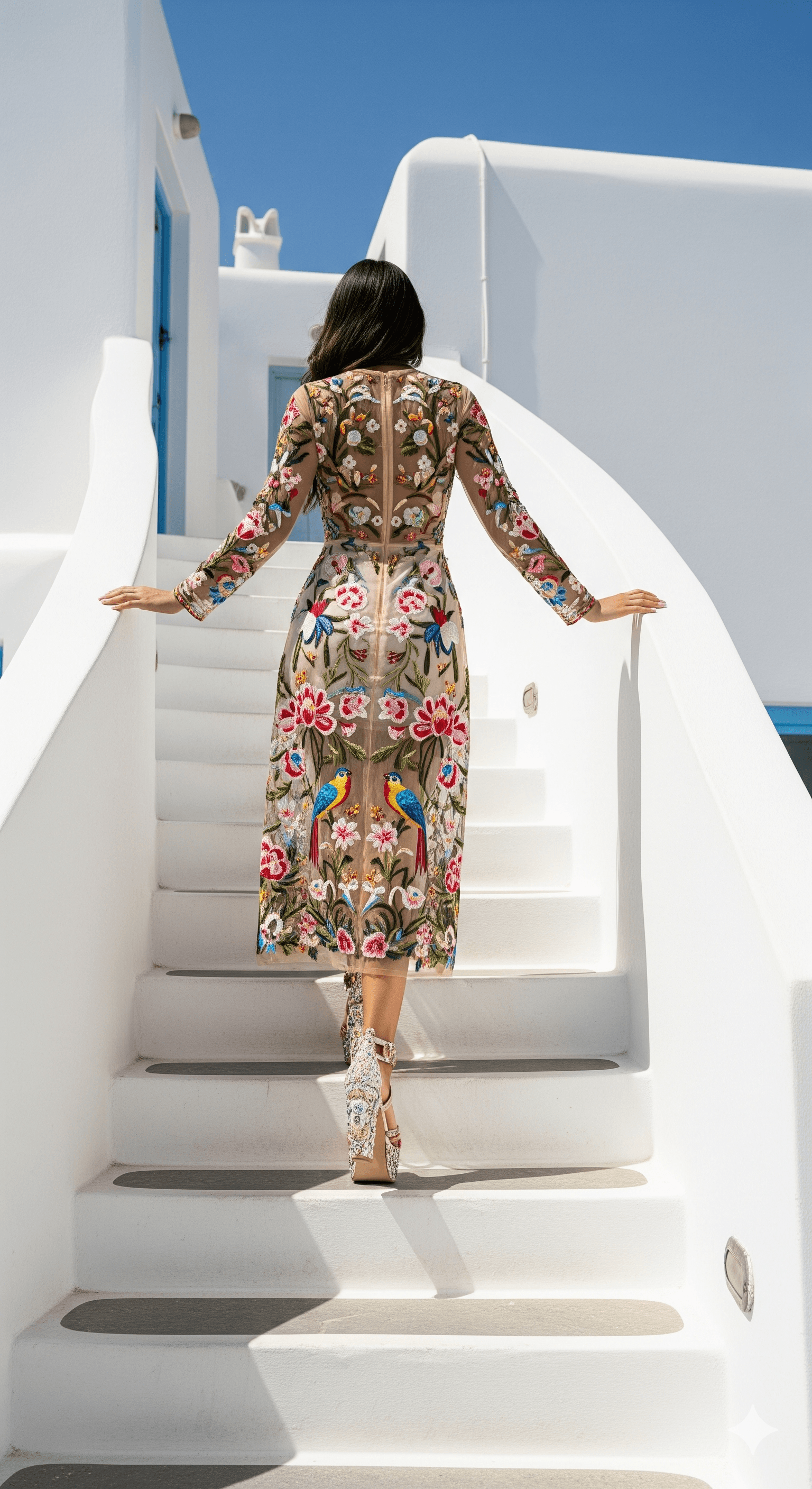 AI generated: A stylish person from behind, walking up a set of white, curved stairs in Mykonos. They are wearing ...