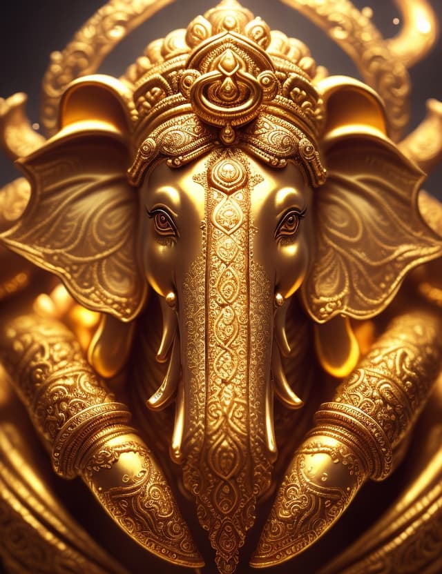 AI generated: Portrait of lord Ganesha, gold, shiny metallic jeweled depth, glowing smoke neon eyes, fine art fili...