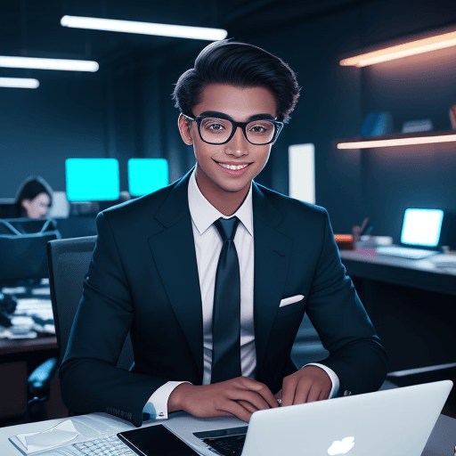 AI generated: high fashion picture of a young internet entrepreneur working on a  laptop, sitting in front of a we...