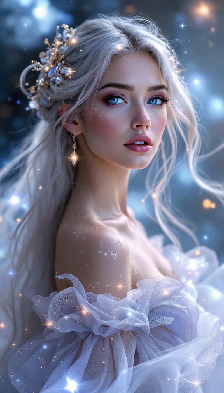 AI generated: An ultra-realistic, full-body portrait of a captivating celestial navigator woman, radiating serene ...