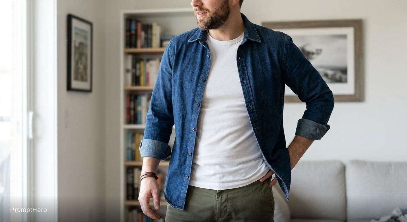 AI generated: Open the shirt last button and there is no inners 