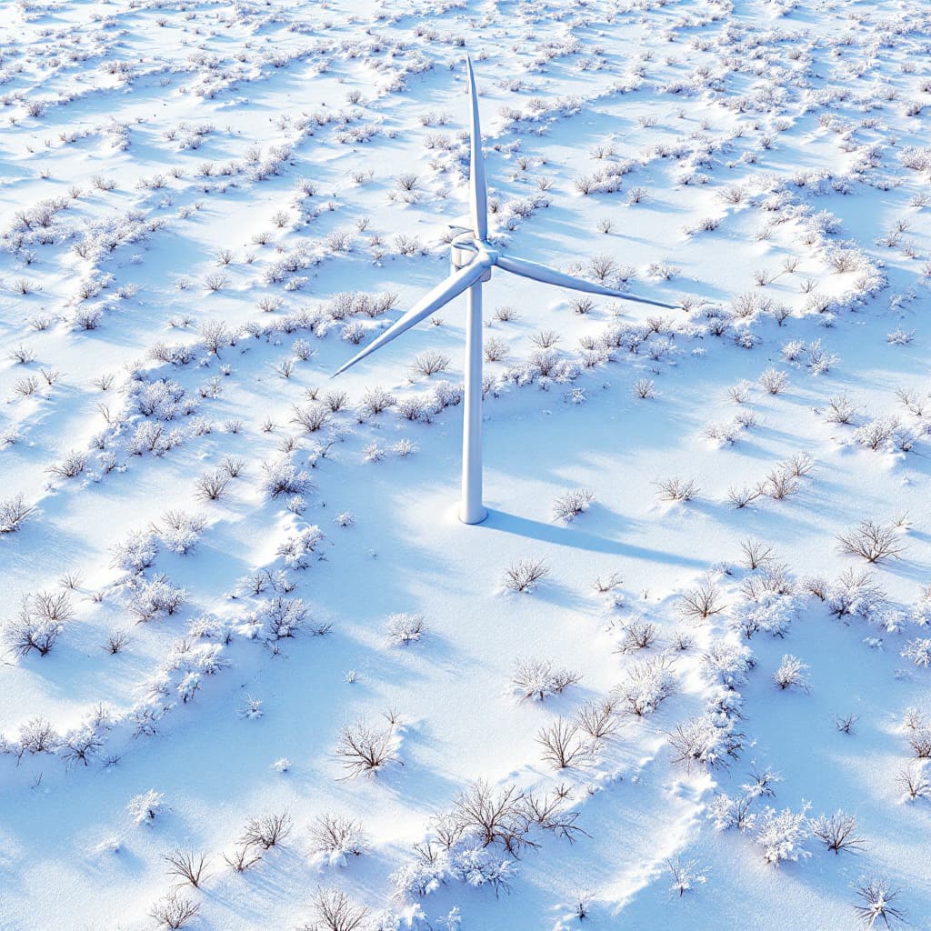 AI generated: •  3D snowy plains with a wind turbine slowly spinning in the cold wind.