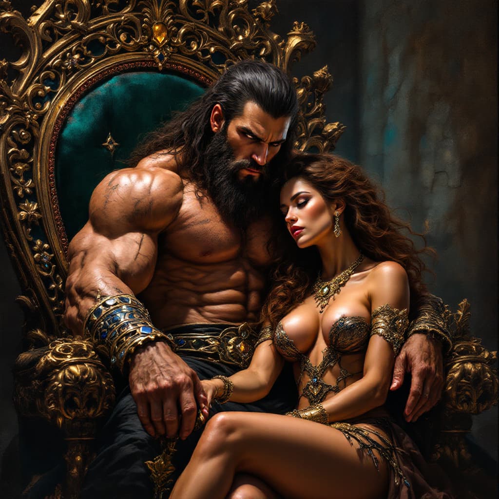 AI generated: A Barbarian Warrior and his Lady An exquisite dark fantasy oil painting depicting the formidable Bar...