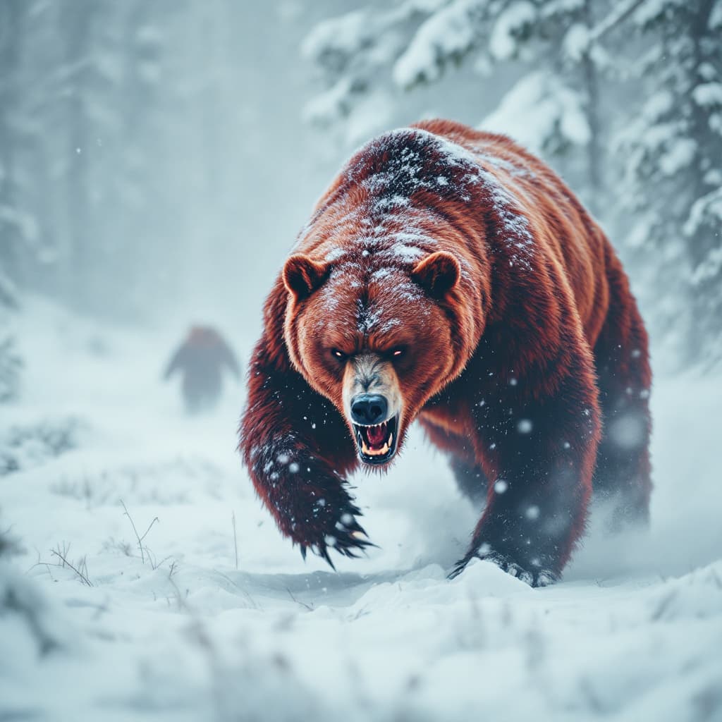 AI generated: A large, enraged red bear walks through the snow towards its destination, a snowy environment, its f...