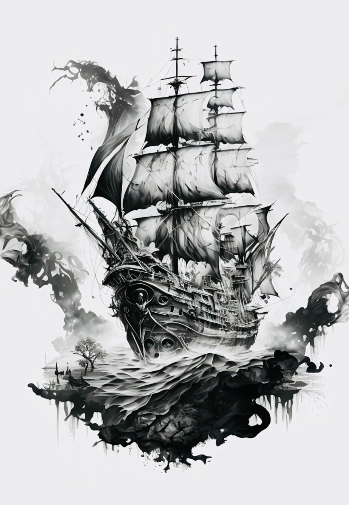 AI generated: In the throes of a fierce storm, a pirate ship graced with intricate carvings and gleaming shackles ...