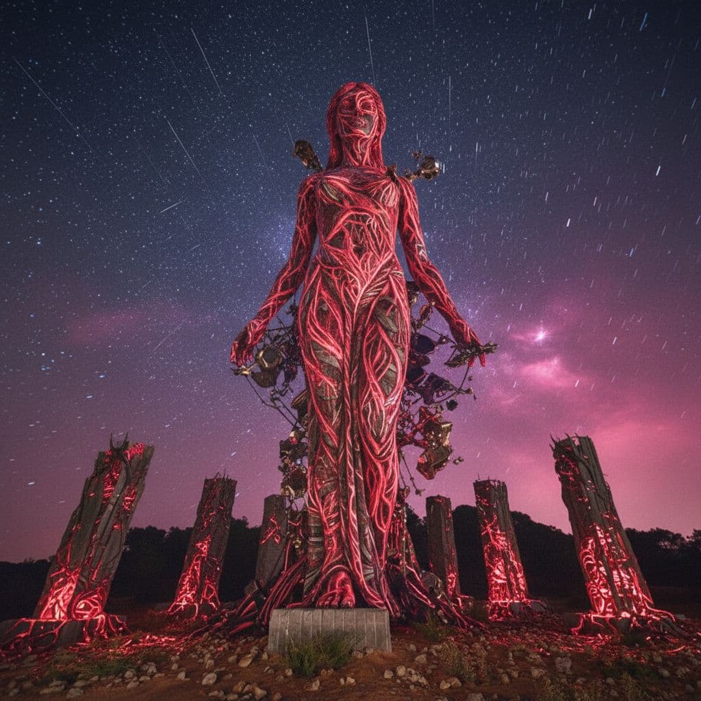 AI generated: a giant emerald statue of an ancient woman standing at the middle, made from red organic textures an...