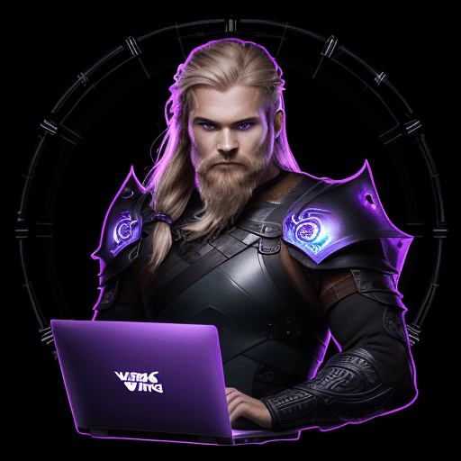 AI generated: male viking with work appearance, half body without face, using transparent laptop doing a speed tes...