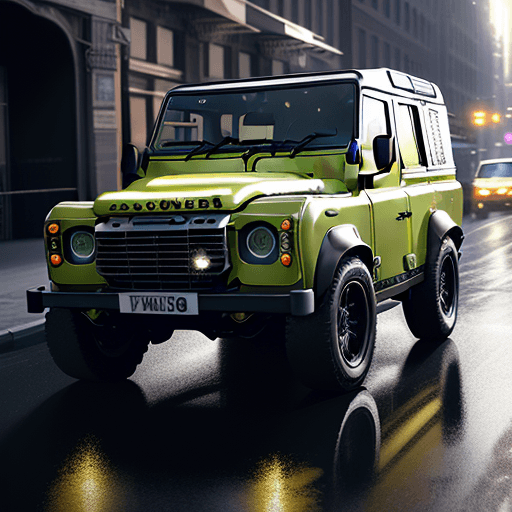 AI generated: cinematic CG 8k wallpaper, close up, dynamic scene, ultra realistic sunbeam yellow valiance land rov...