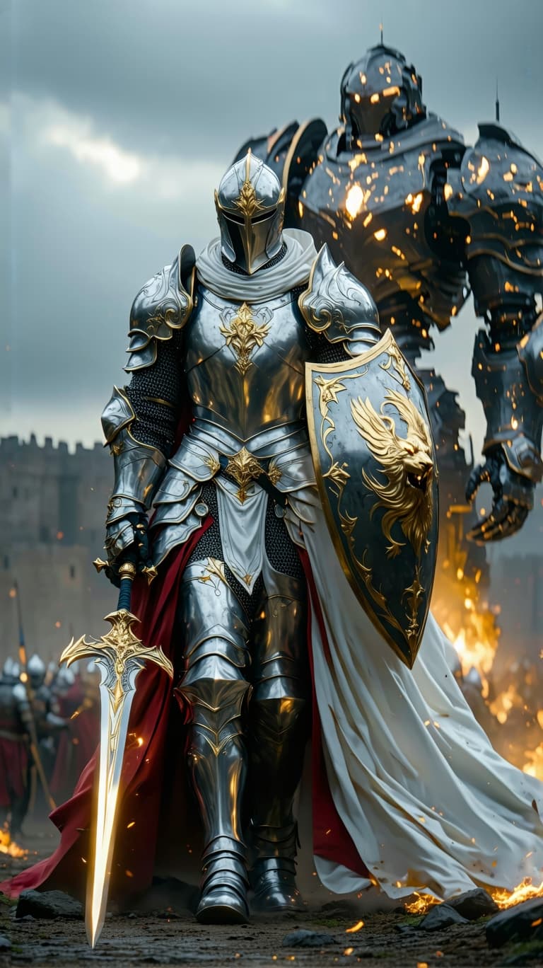AI generated: An ultra-realistic, zoomed out, front facing, full-body portrait of a noble Paladin in gleaming silv...