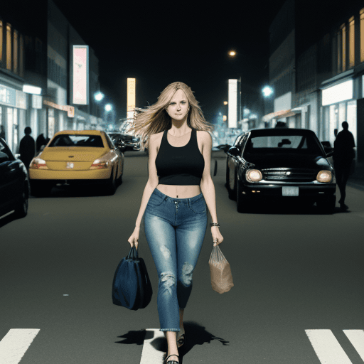 AI generated: 12K, HRD, film grain, 100 ASA, The image shows a woman Rubia walking down a street in City, wearing ...