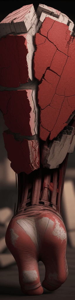 AI generated: broken hearts break leg bones , red and brown tones . hyper realism, high detail,  8k , hd , 