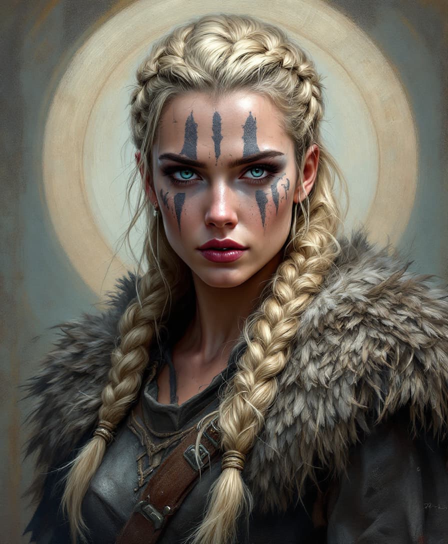 AI generated: Full body acrylic oil painting of a female Viking warrior with braided hair. War paint on her face. ...