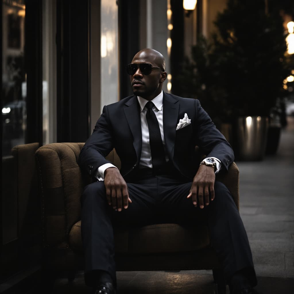 AI generated: black male  federal agent undercover dressed very well in high end designer suit and shoes, tom ford...