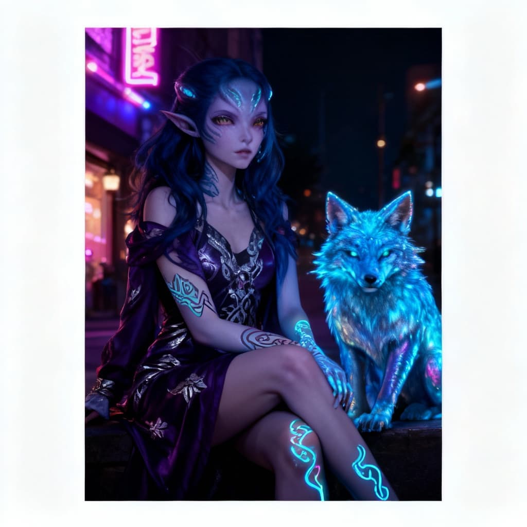 AI generated: Blend anthropomorphic to create a new anthropomorphic, alien hybrid. Give a Nightlife backdrop, and ...