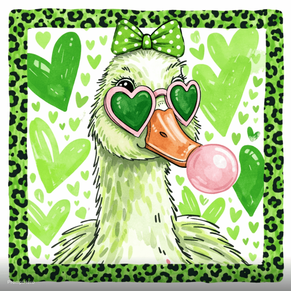 AI generated: Cute girly cartoon duck portrait, front facing, soft watercolor + marker illustration style, light m...