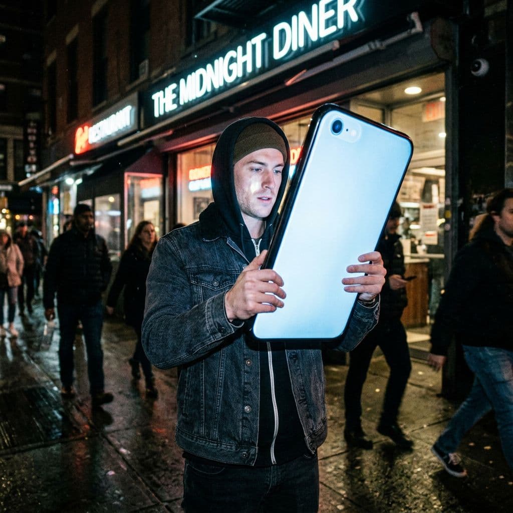 AI generated: urban restaurant exterior at night, harsh direct flash photography, gritty candid street scene

a pe...