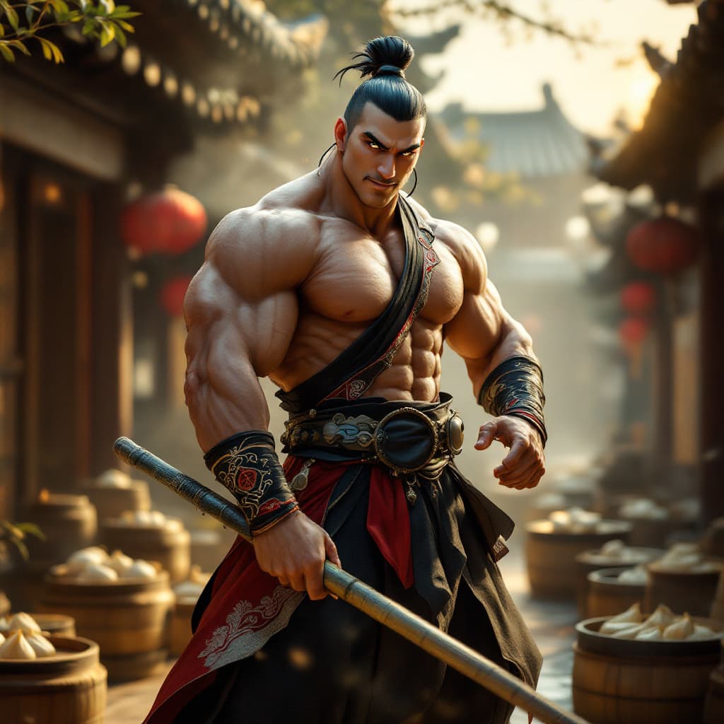 AI generated: A hyper-realistic image of a muscular Chinese male martial artist inspired by Po from Kung Fu Panda;...