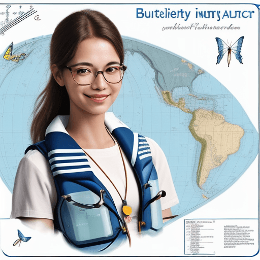 AI generated: butterfly, smiling, with glasses, with a lifejacket, looking at a nautical chart