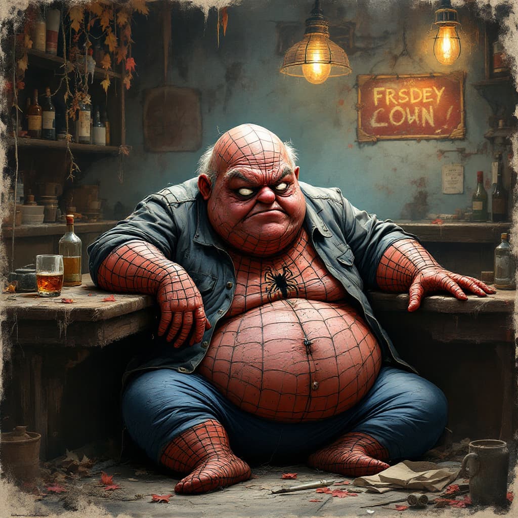 AI generated: {lonley, fat, old spiderman}, costume old, mold humid, drinking bar scotch, front view
