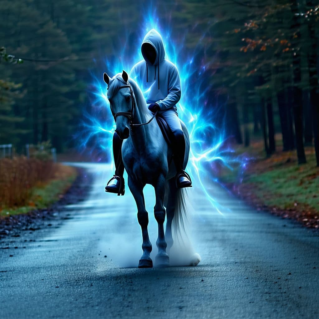 AI generated: a spirit without a head ridind on a spirit horse riding over the road