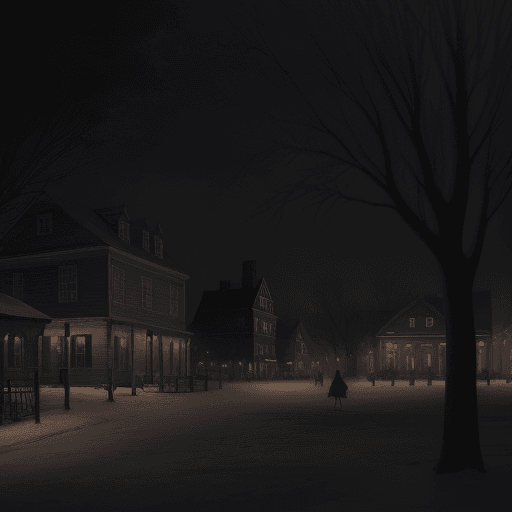 AI generated: "A dark, atmospheric painting of a colonial American town square in winter, with a full moon casting...
