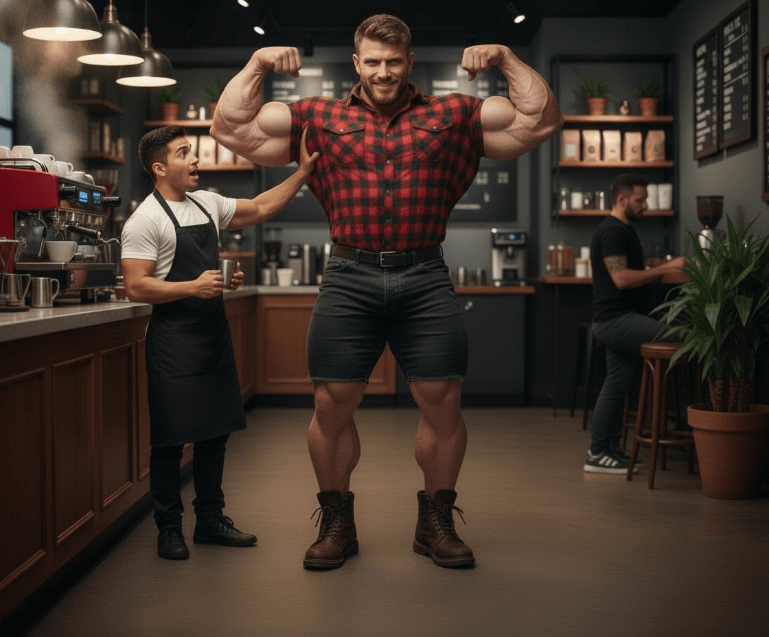 AI generated: Bodybuilder 6"4' tall is standing at the coffee shop, he is wearing a lumberjack shirt short sleeve,...