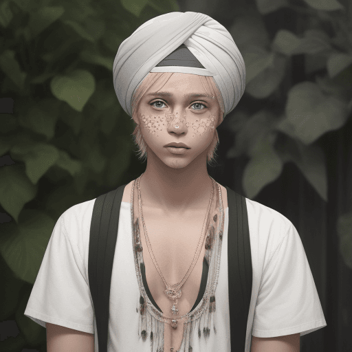 AI generated: image of a beautiful blond man with brown eyes cla dressed in a pale indie and vitiligo clothing sty...