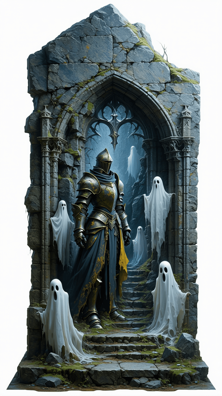 AI generated: A dystopian stone tablette with tilling knight shaped nature elements and ghosts in a haunted gothic...