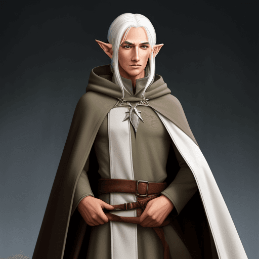 AI generated: A White hair elf, spy, with tan skin, wearing a cloak, dark