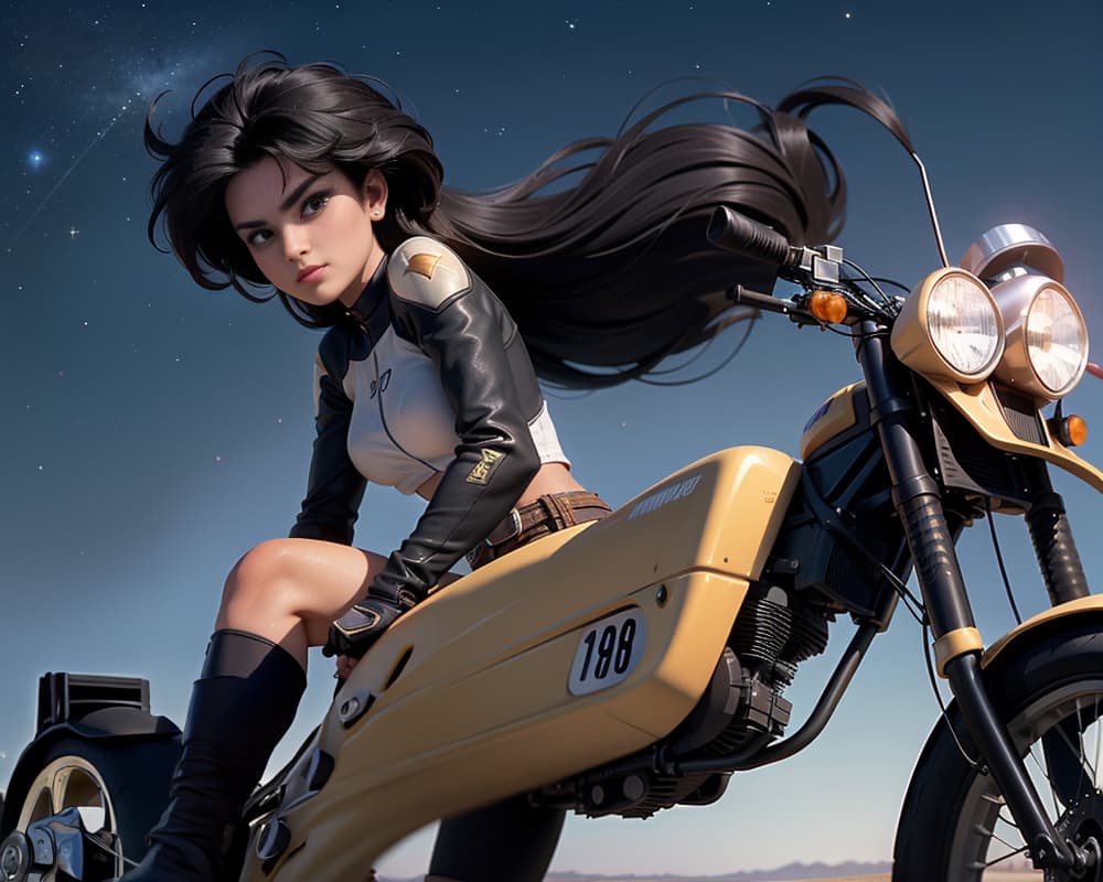 AI generated: In a (wide-angle:1.6) view, capture a girl with (flowing black hair:1.2) riding a (classic 1980s rac...