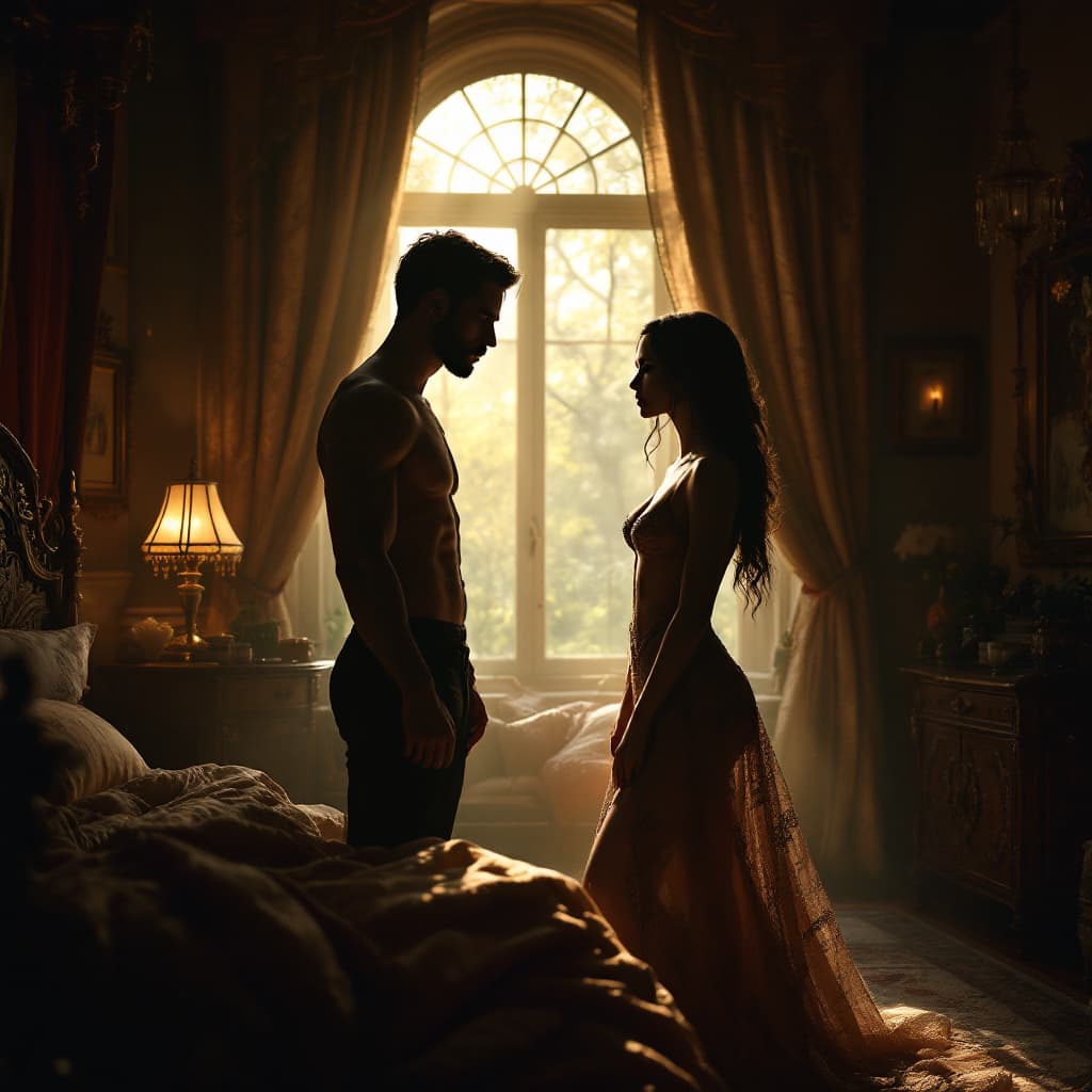 AI generated: A fit man and woman standing in a cozy, detailed fantasy bedroom with intricate, ornate furnishings ...