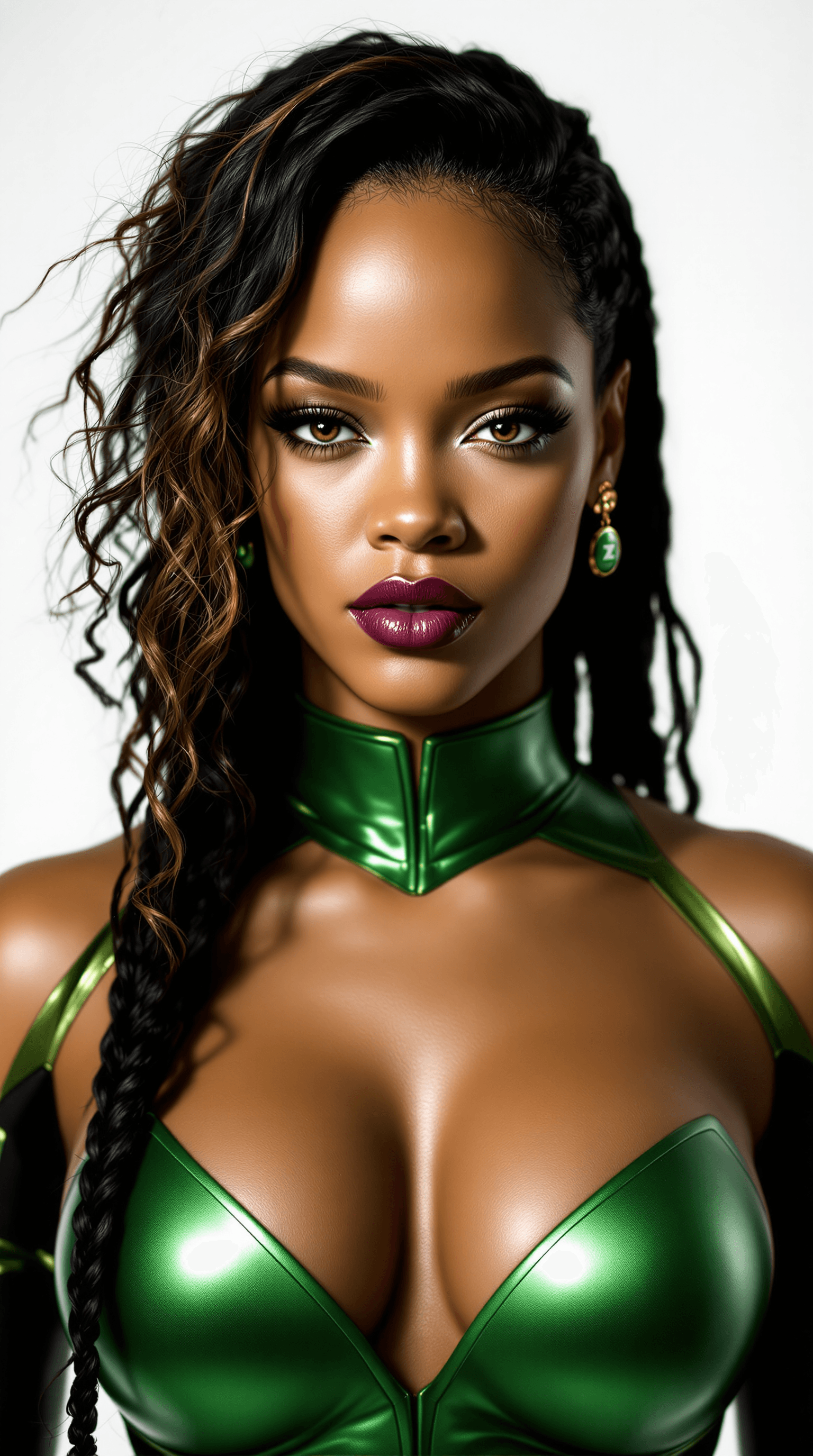 AI generated: portrait of Rihanna as Green Lantern, young, (white background), hyperrealistic, 8k