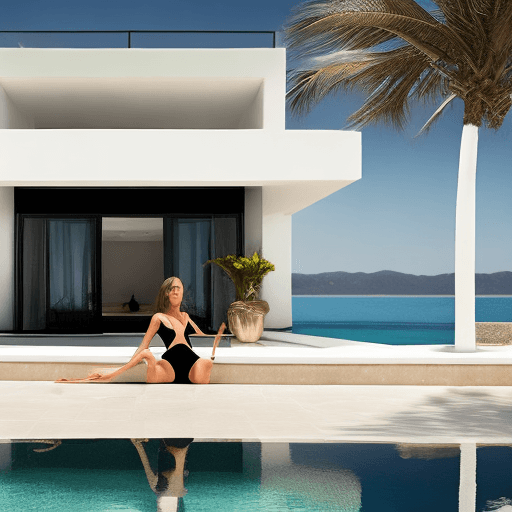 AI generated: woman wearing black  bikini  in front of luxury villa
