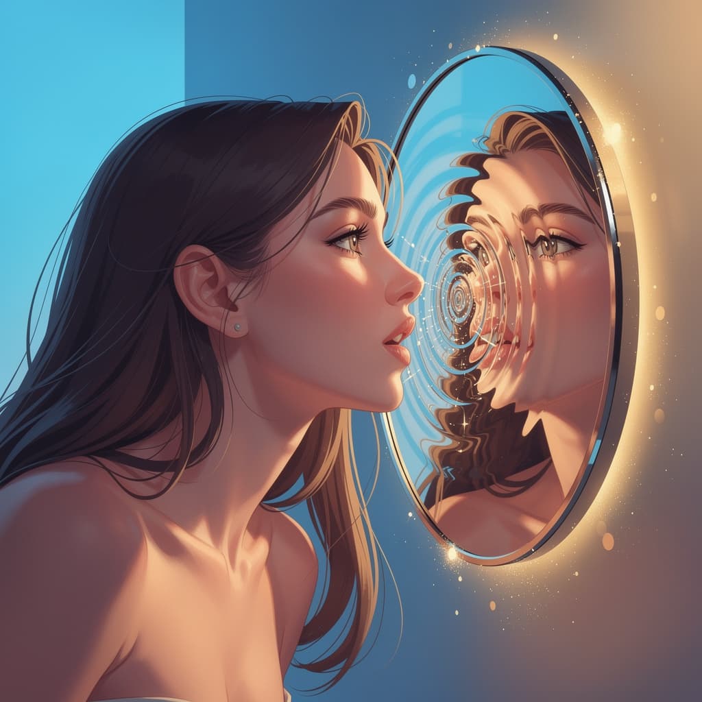 AI generated: A bold and vibrant modern illustration of a beautiful woman leaning towards her reflection in a slee...